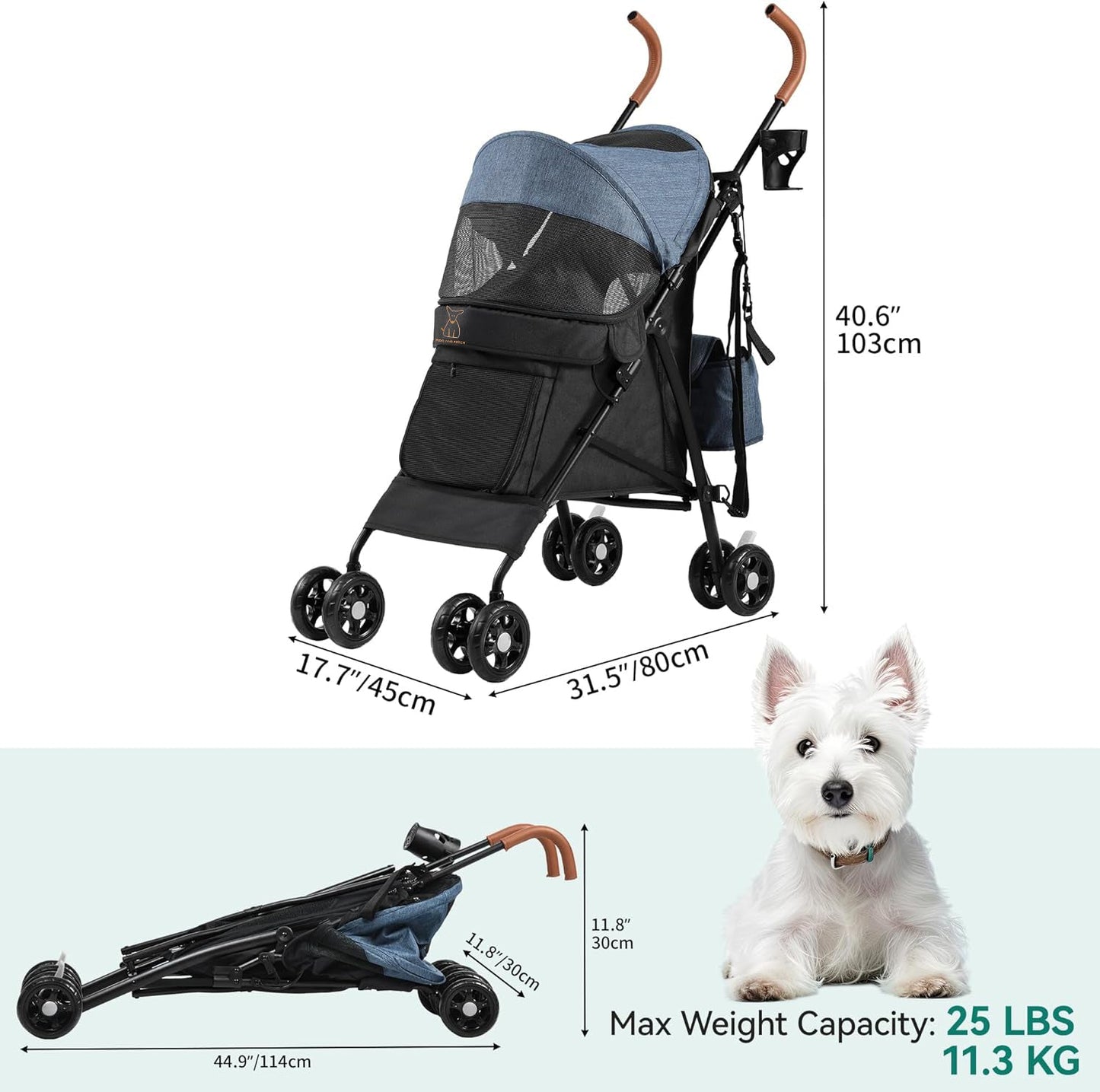 Palster Explorer All-Terrain Dog Stroller – Foldable Pet Buggy with Suspension for Small Dogs & Cats (Black & Harbour Blue)
